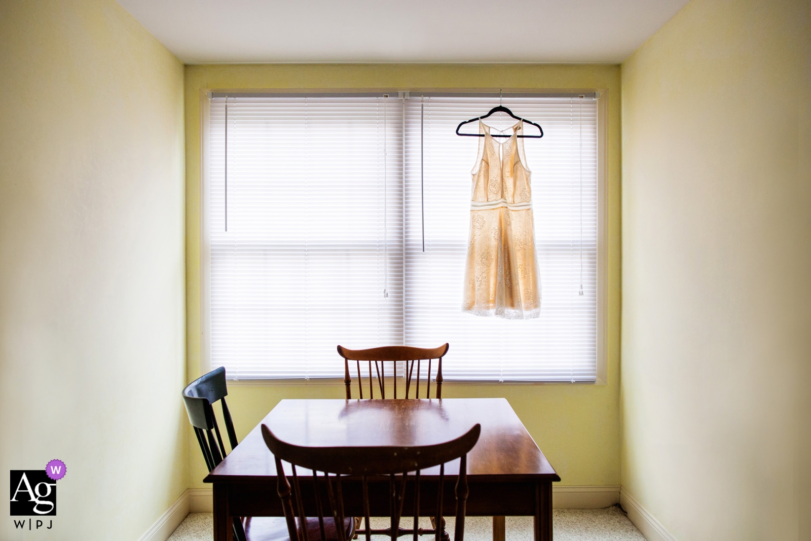 Detail dress image in a window at home by a new jersey wedding photographer