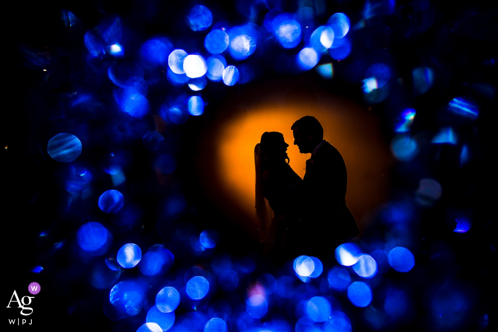 A Hot Spot Flash Portrait of the silhouettes of a bride and groom was taken at Dodmoor House in Northamptonshire, United Kingdom, resulting in a stunning wedding photograph