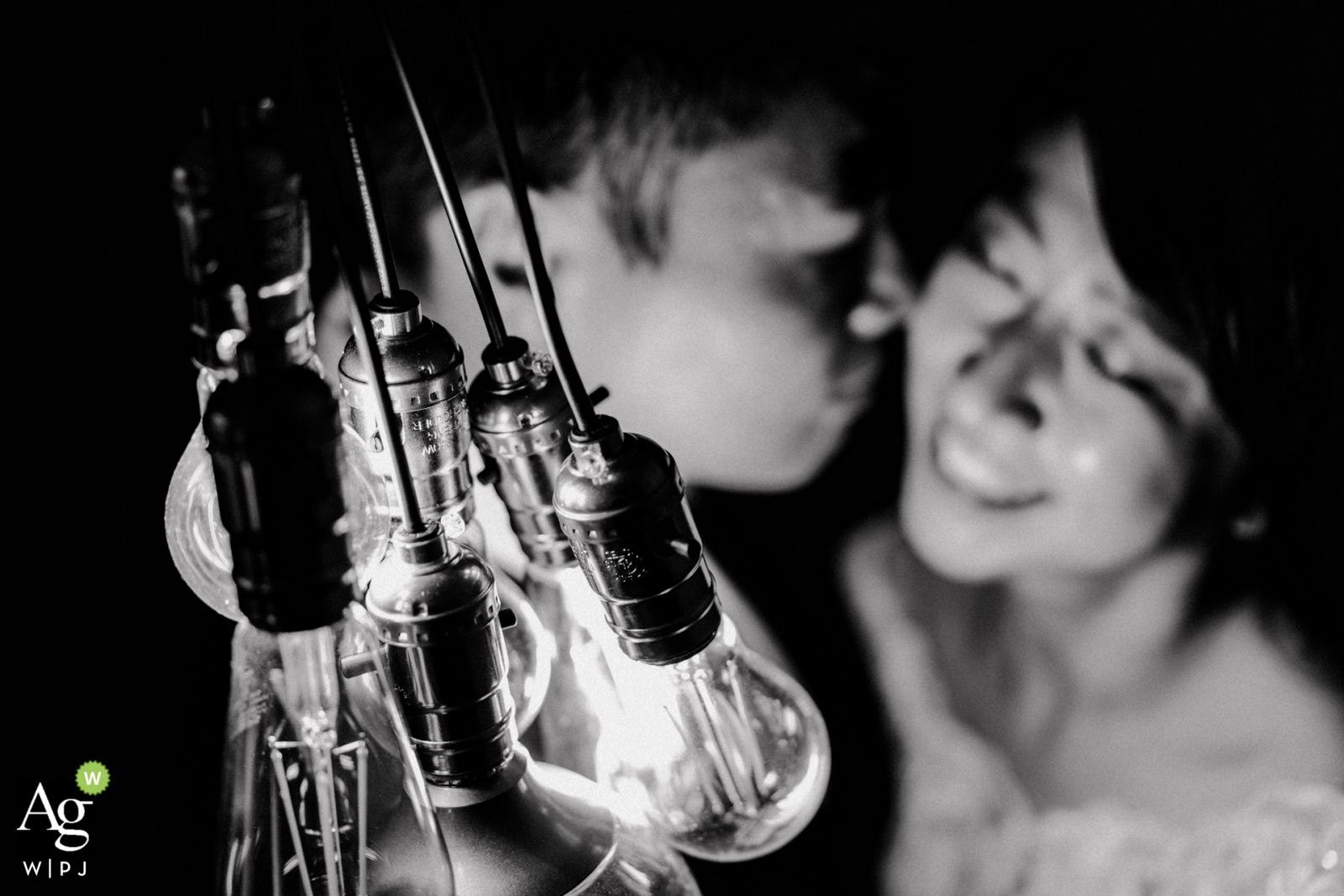 Taipei Taiwan bride and groom portrait with industrial bare bulb lighting