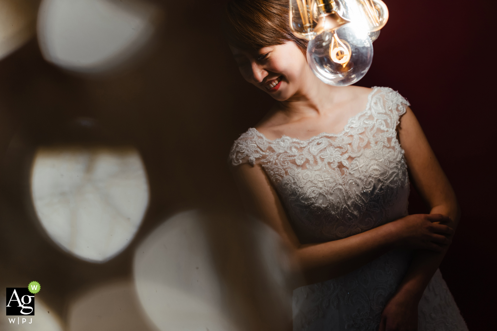 Taipei Taiwan wedding day portrait of the bride with bokeh