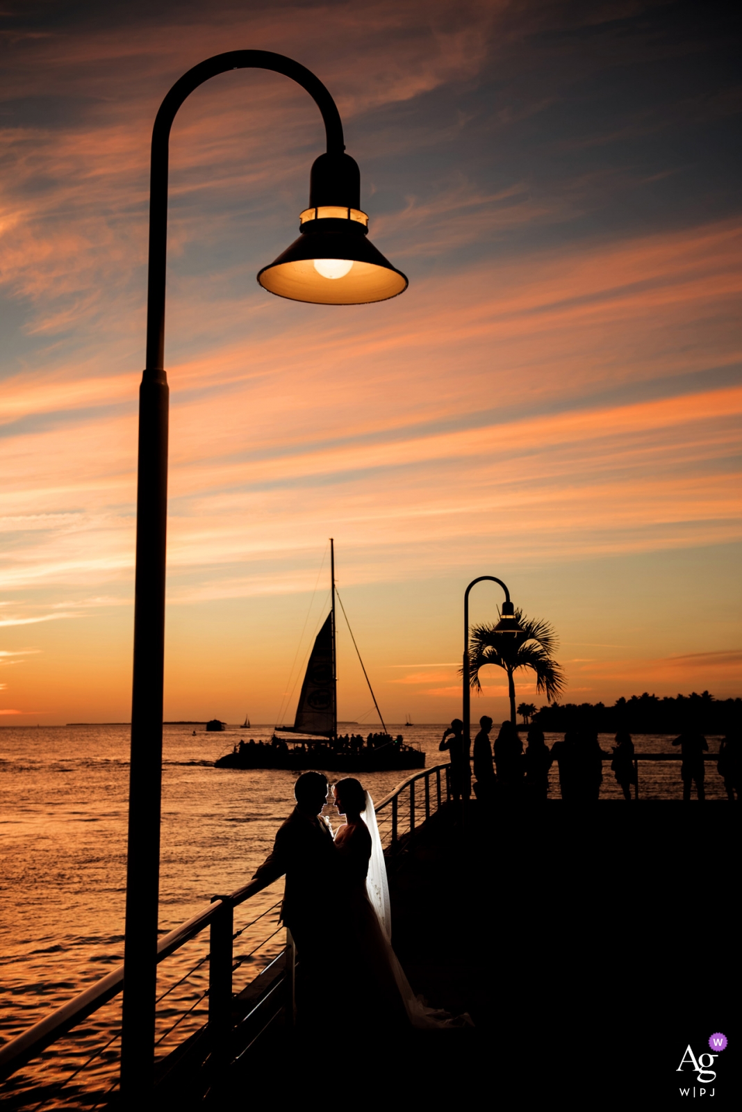 Photo by: <a href="https://www.wpja.com/photos/artistic-wedding-photographers/2439986">Julie Ambos - Key West Florida Key West Sunset Sail - Bride and Groom Lit Portrait