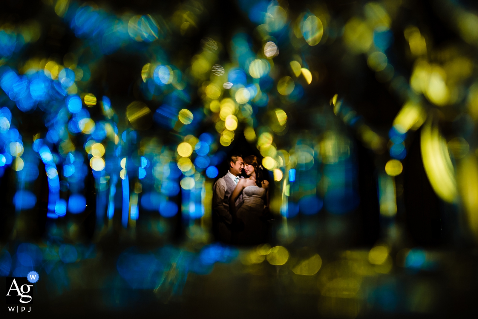 Dieses Hochzeitspaar wurde am Lake Tahoe fotografiert, vor dem Hintergrund wunderschöner blauer und gelber Bokeh-Highlights