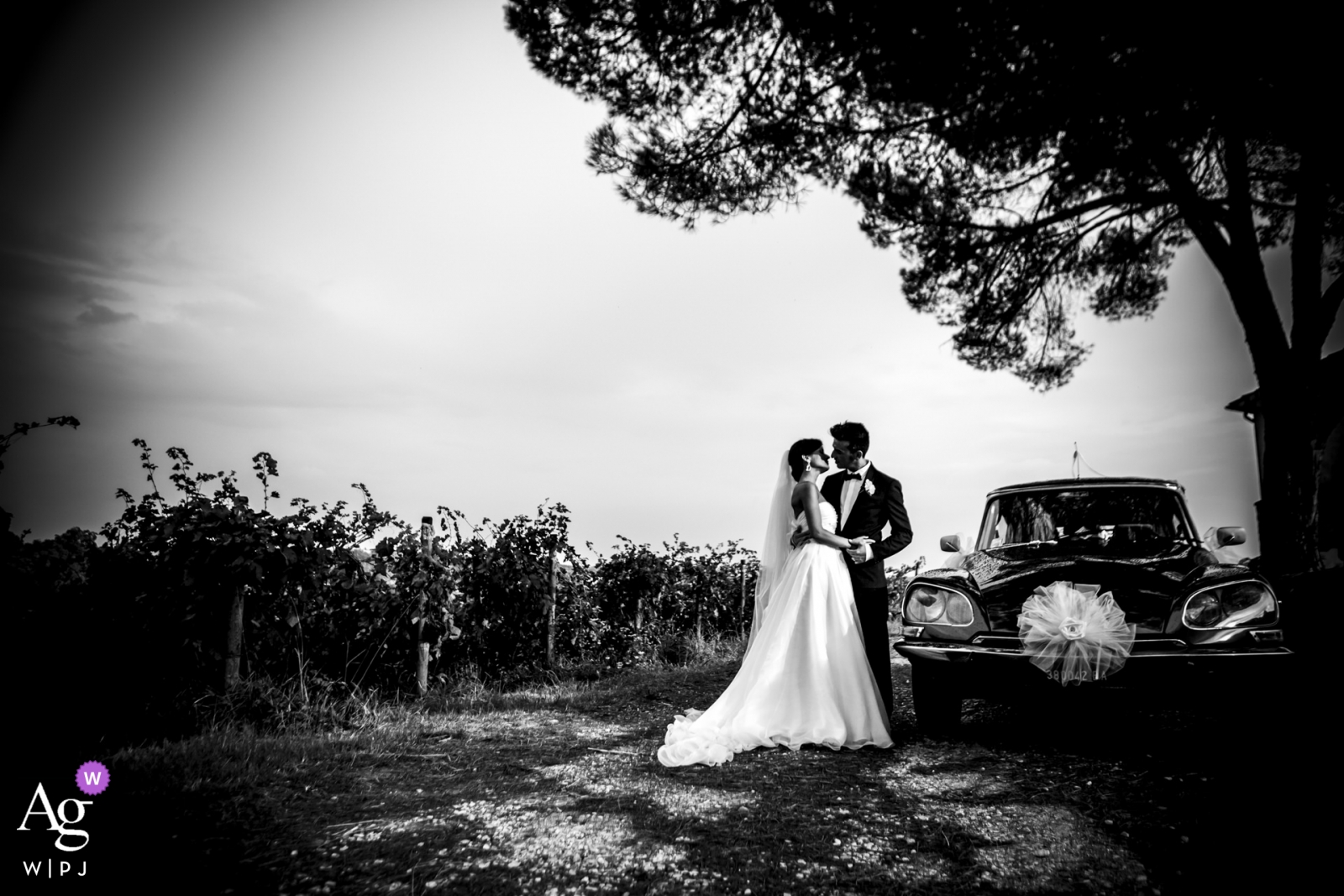 La pareja de recién casados ​​se tomó una foto frente a un automóvil negro antiguo en la pintoresca Villa Bruguier.