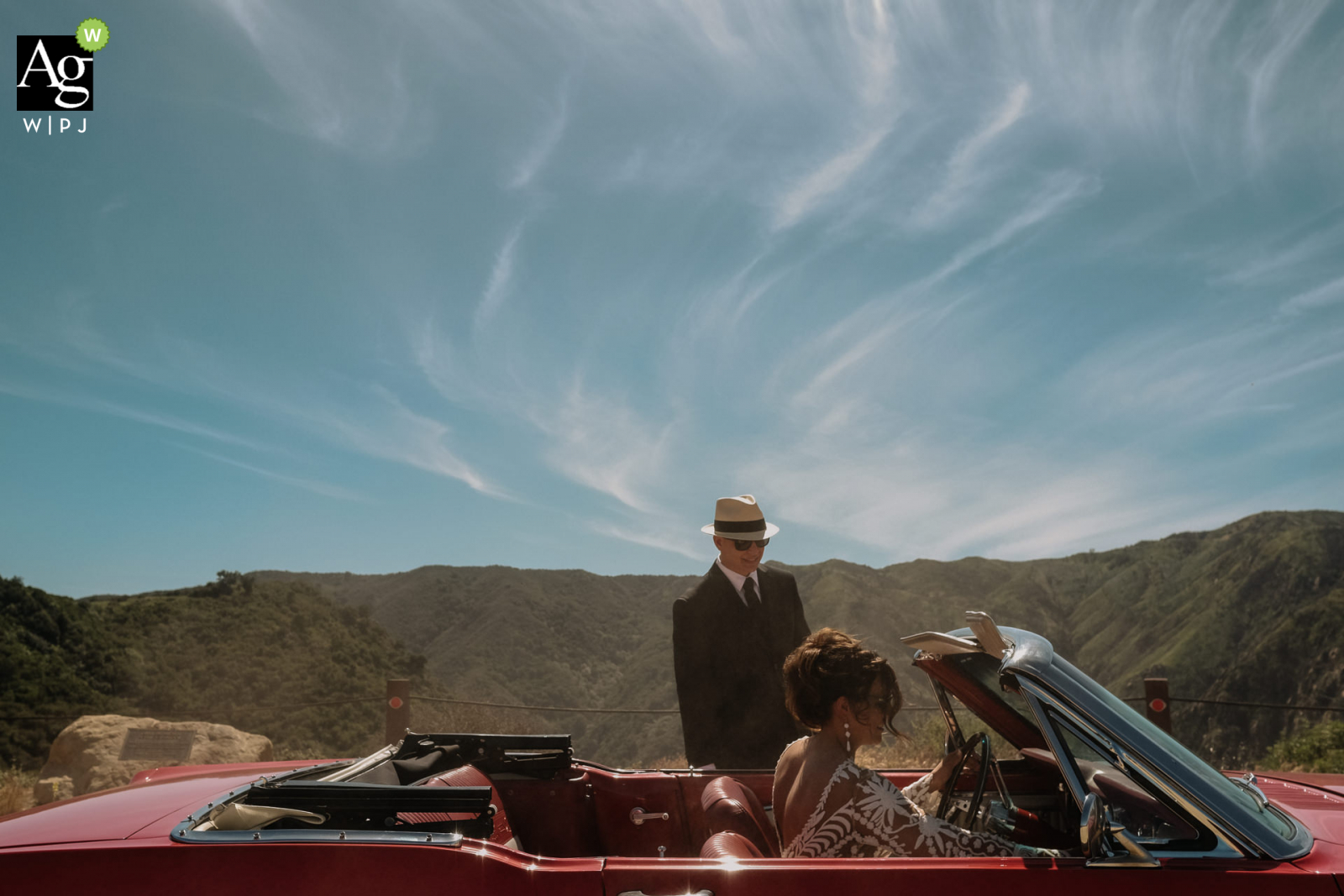 Malibu CA Newlywed Portrait | Vintage Car Photography on Wedding Day