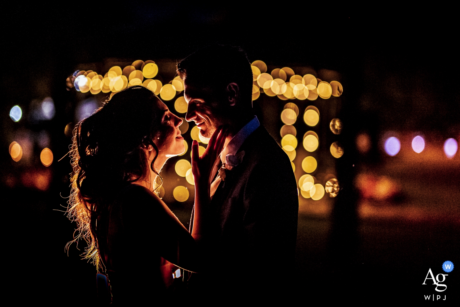 Los novios celebraron su noche especial en Villa Valenca en Brescia, posando para un retrato iluminado