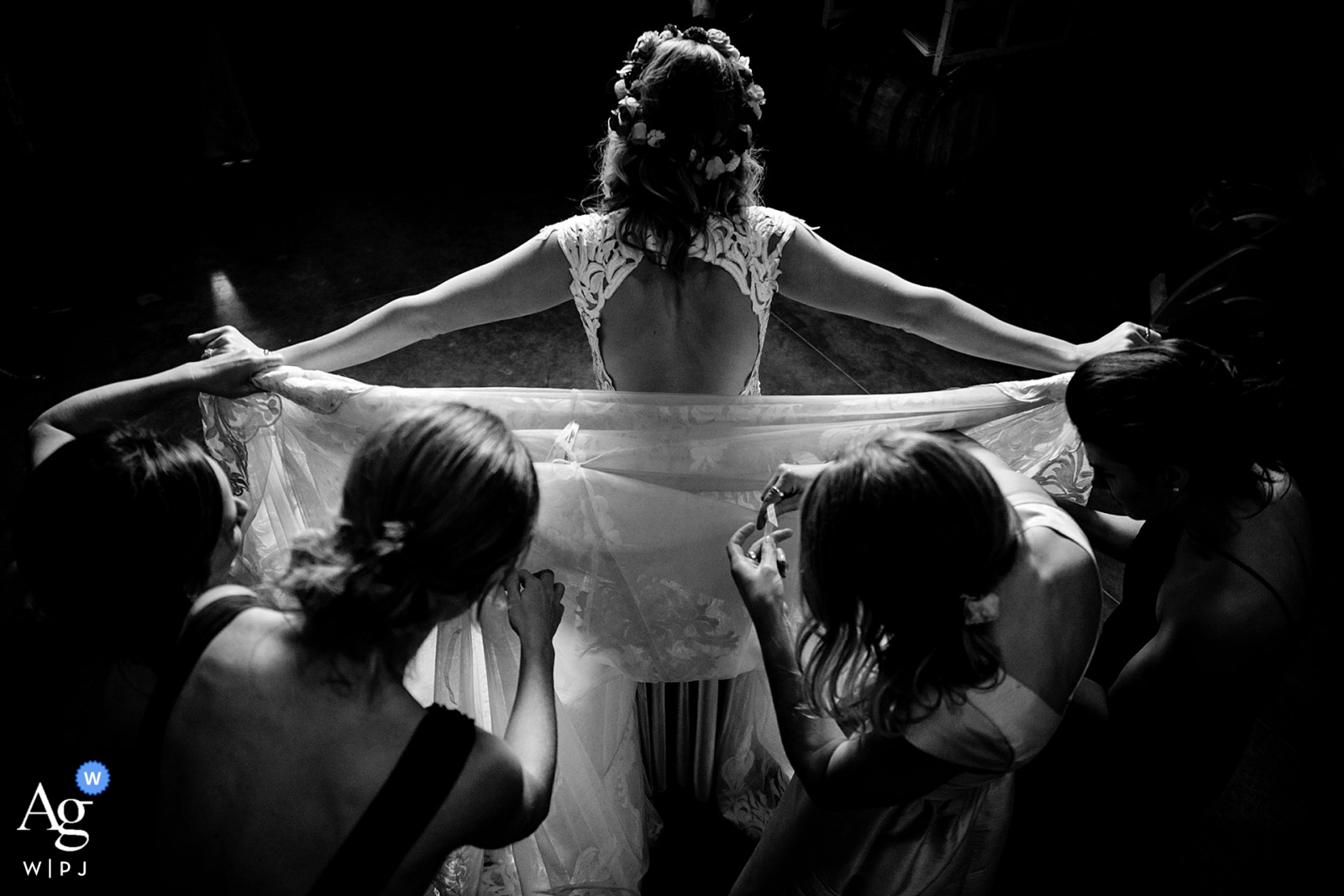 Photo par: <a href="https://www.wpja.com/photos/artistic-wedding-photographers/2524391"> Trent Gillespie - Silverthorne Colorado Photo de mariage de la brasserie Great Divide, Denver, CO - Les demoiselles d'honneur agitent sa robe avant le début de la réception.