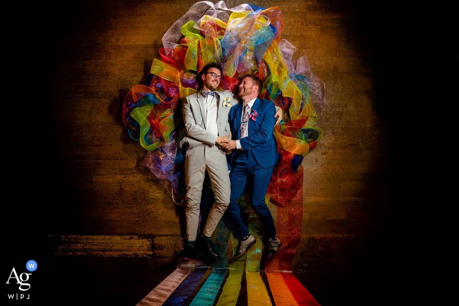 Baby Whale Restaurant, Washington DC portrait | A wedding portrait of two grooms in ribbons