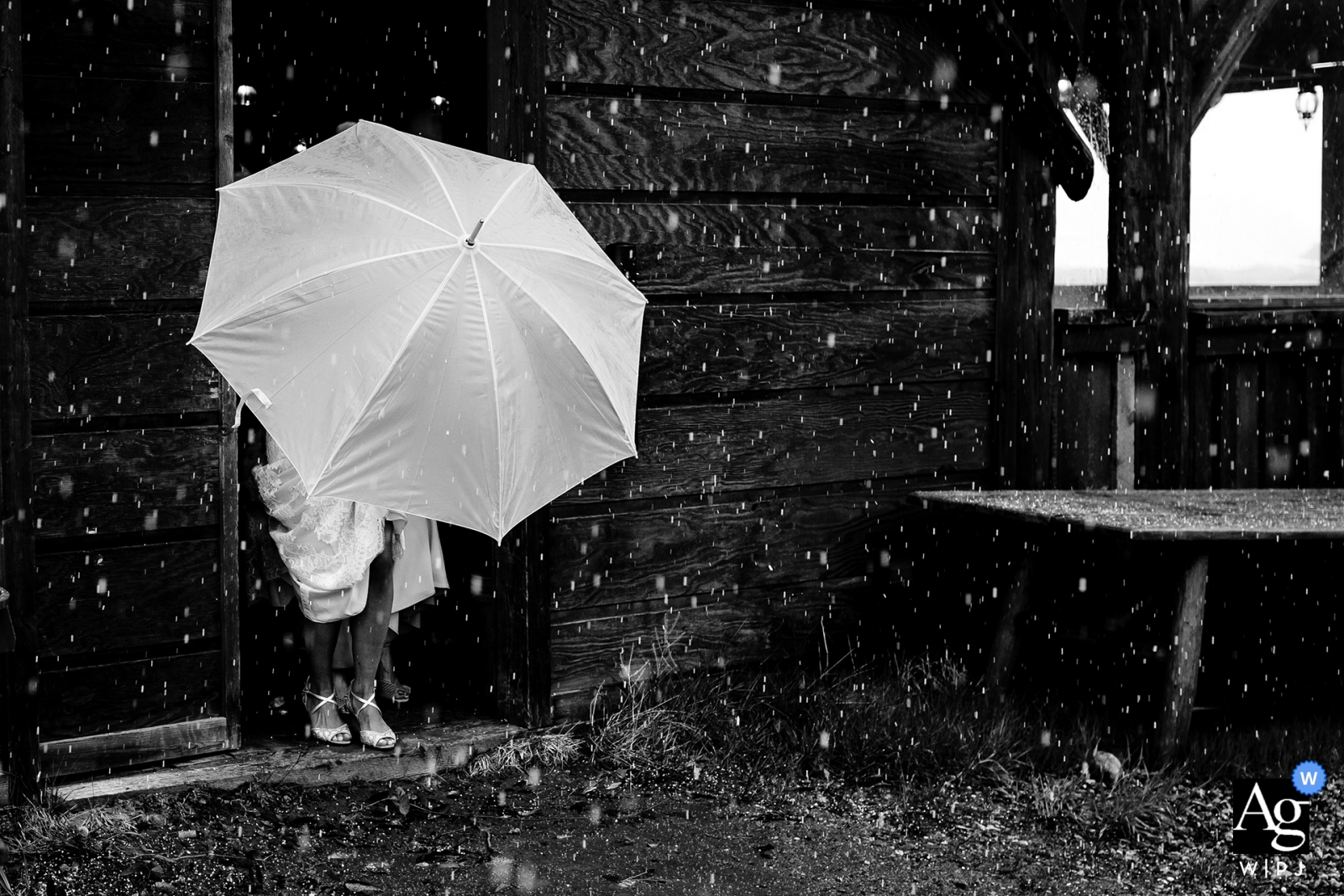 Colorado wedding photographer captured an image of a Bride hesitating to walk outside. highlighting the snow storm in June!