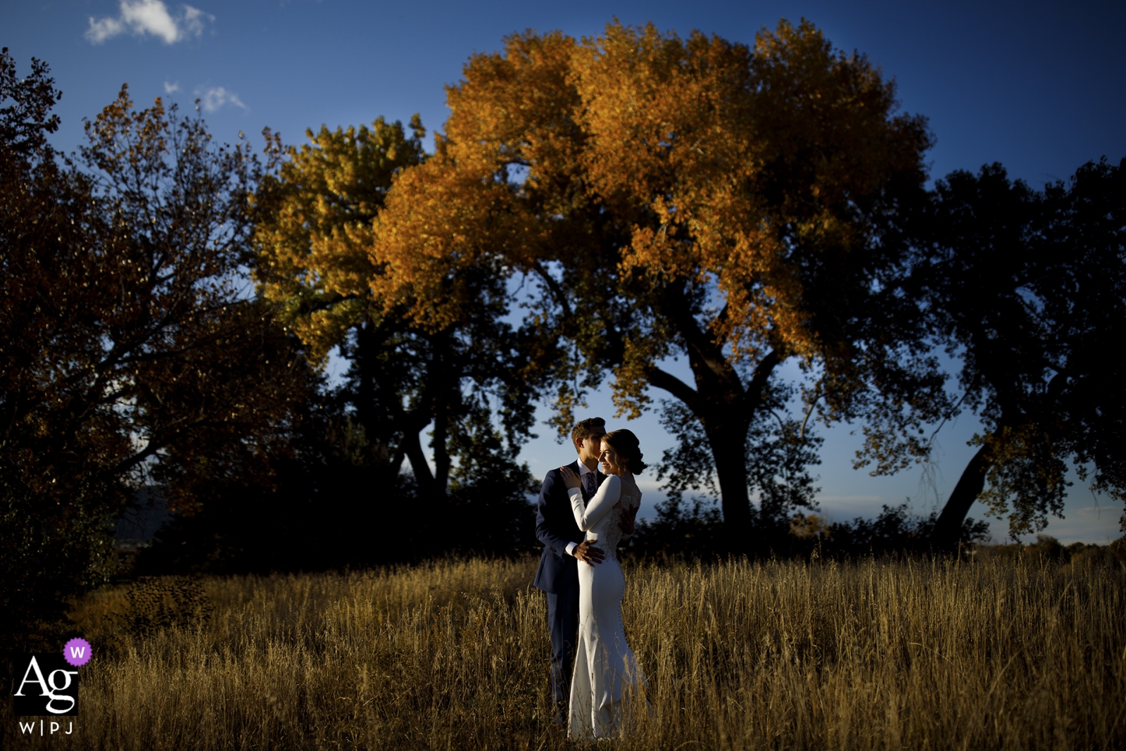 La foto di matrimonio di Vista presso Applewood Golf Course della coppia mentre condividono un momento insieme in un campo mentre il sole inizia a tramontare il giorno del loro matrimonio.