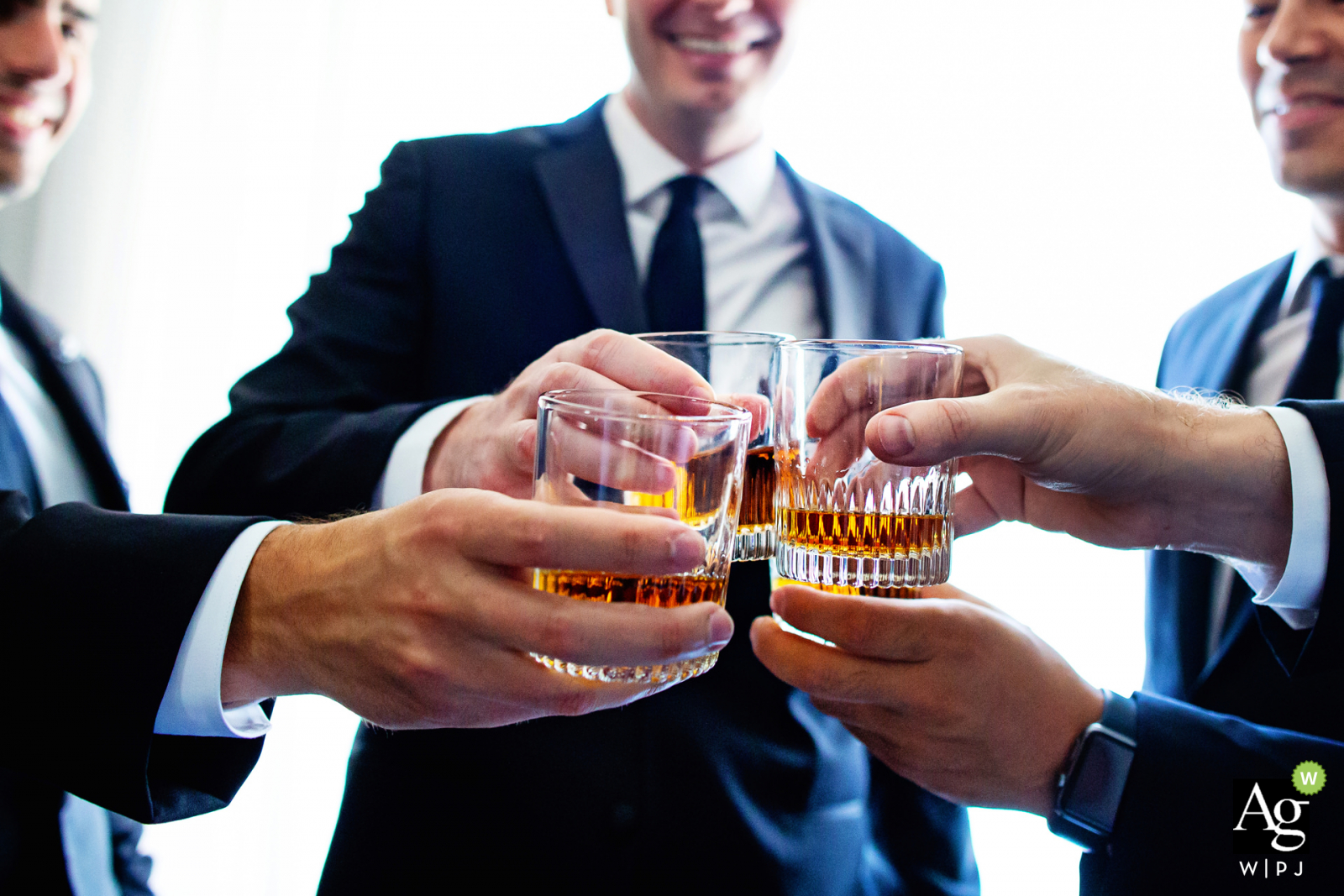 Stone House at Stirling Ridge, Warren New Jersey wedding venue detail photo of the groomsmen toasting