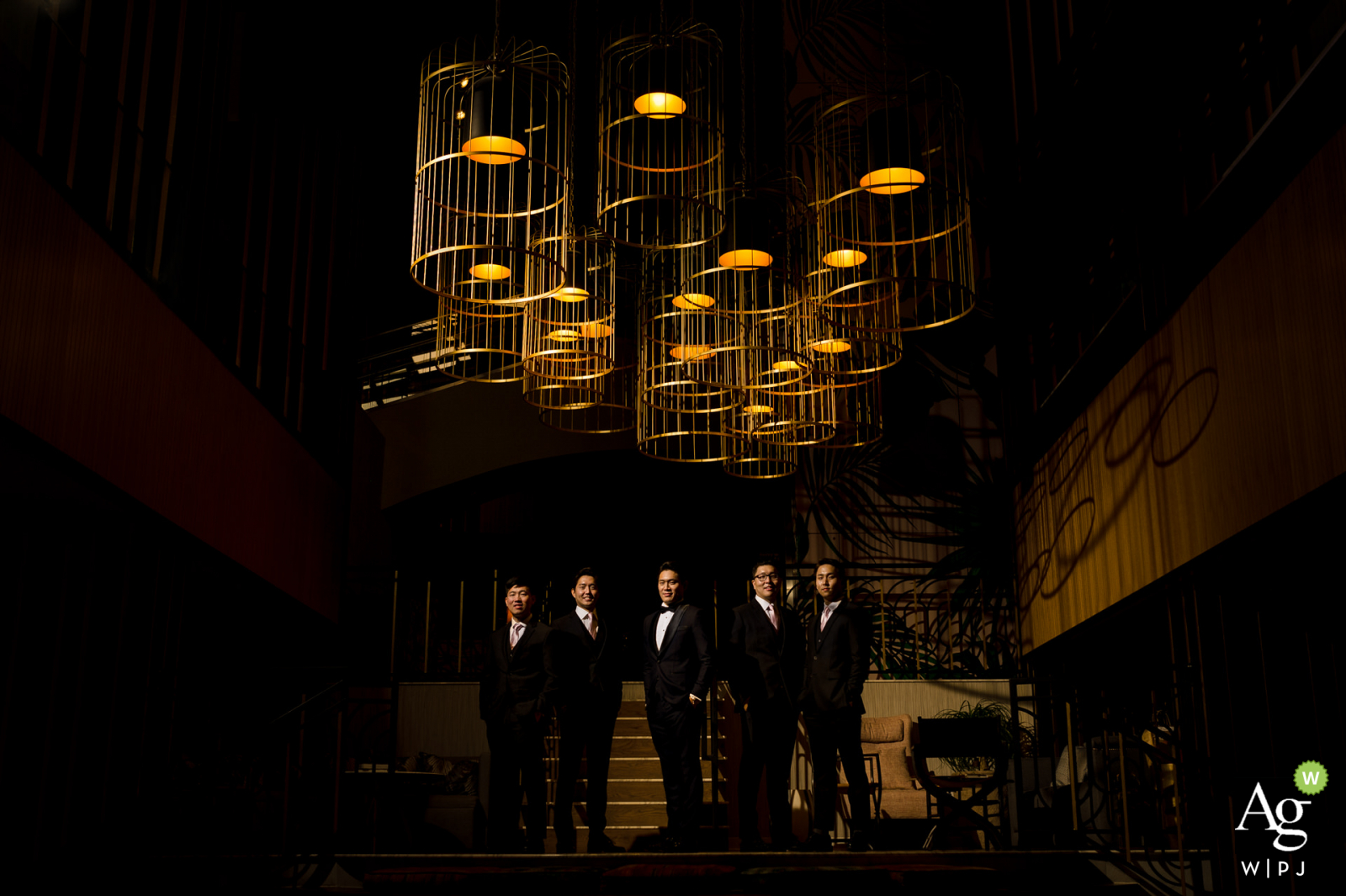 W Hotel Midtown Atlanta Wedding Venue Photo | Lit Portrait of Groom with Groomsmen