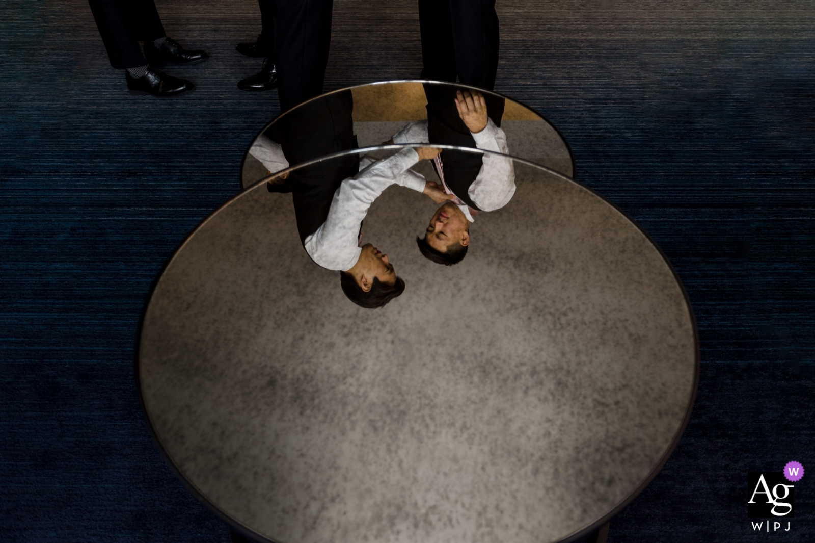 W Hotel Midtown Atlanta wedding venue picture of the Getting Ready reflection of groomsmen W Hotel Midtown Atlanta wedding venue pictures: Getting Ready reflection of groomsmen