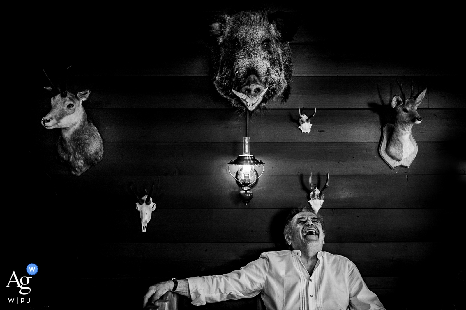 Schliersee wedding photography | The reception walls with taxidermy animal heads