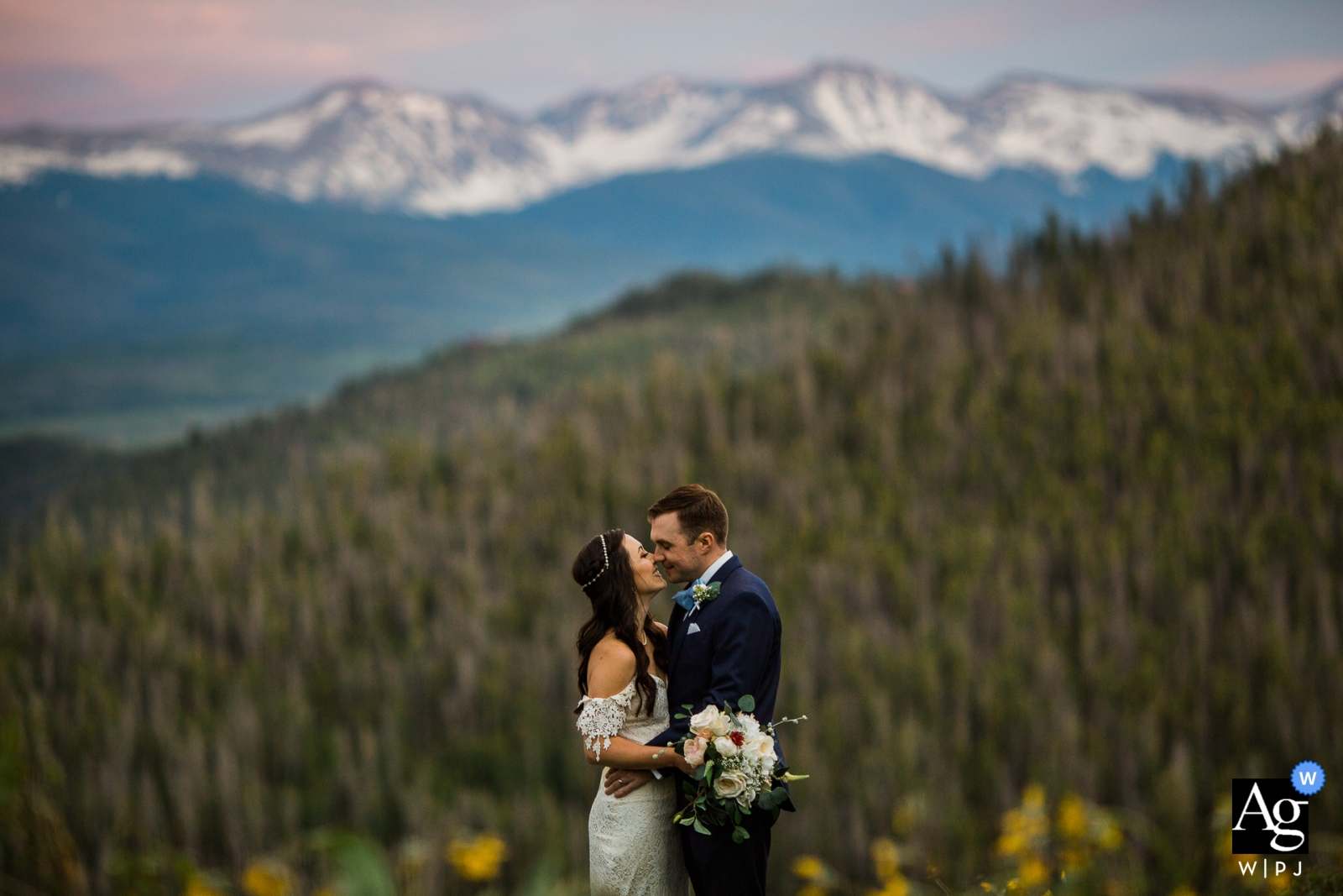 Colorado Portrait of Bride and Groom at Sunset Colorado Post Ceremony Portraits of Bride and Groom | Sunset portraits of couple