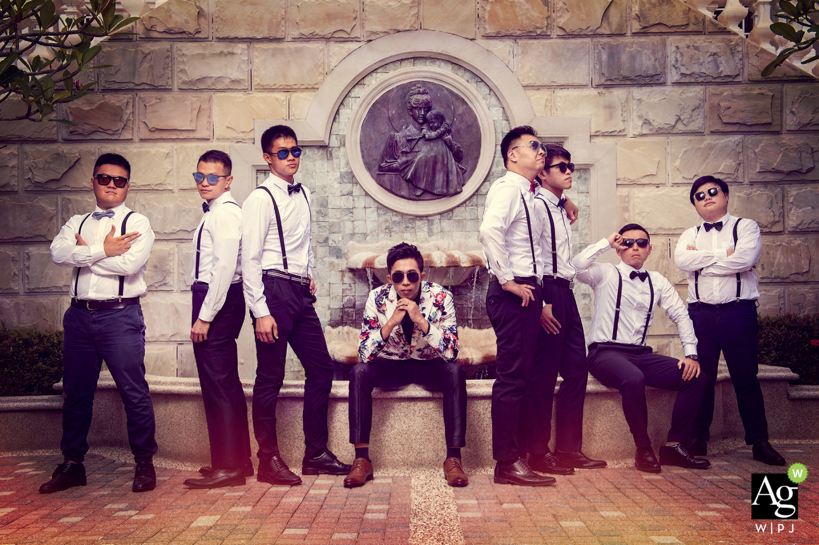 Taipei Taiwan Hotel image of the men on wedding day Taipei Taiwan Hotel photography on wedding day. A portrait of the groom and all the men in the wedding party.