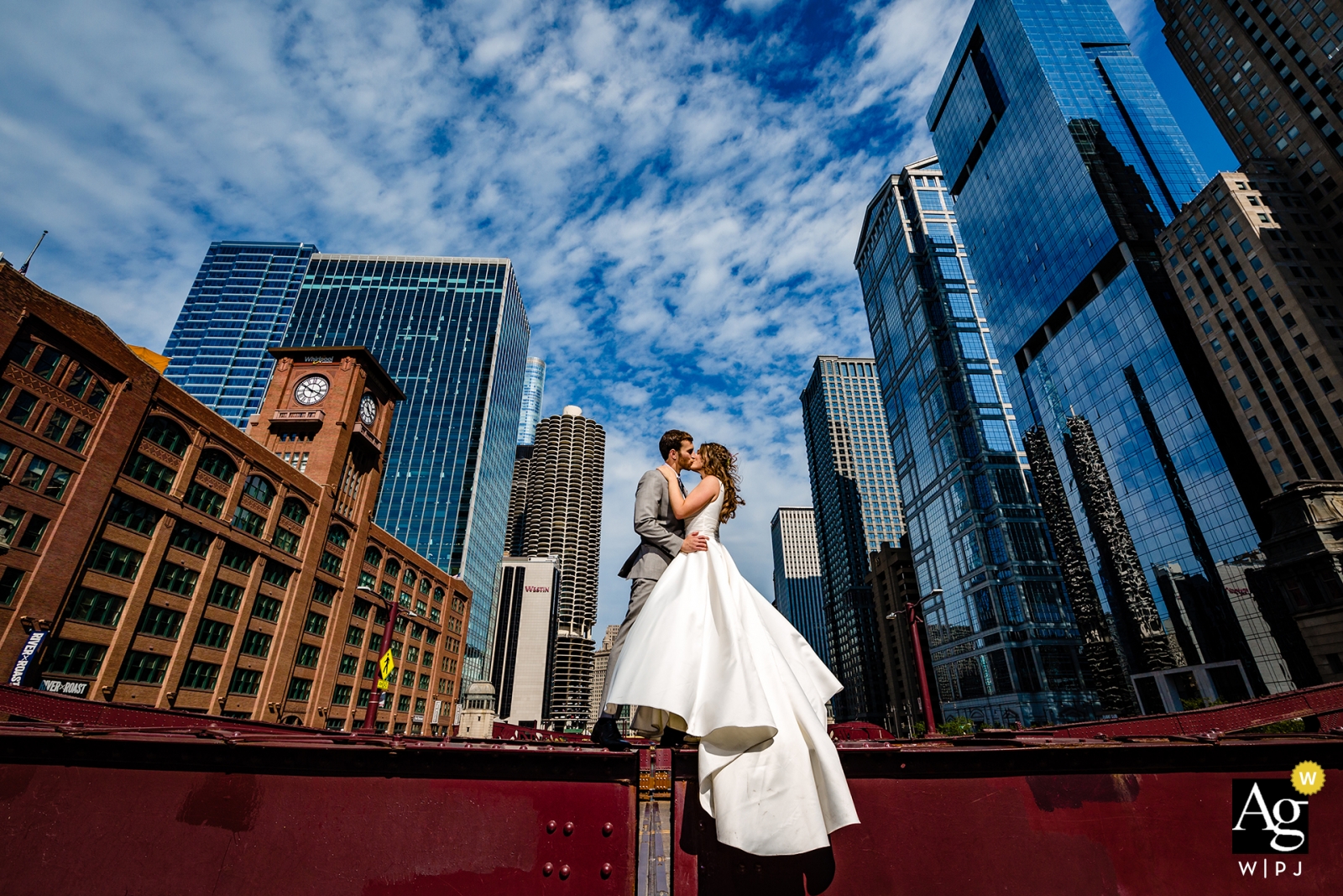 Lasalle Bridge Chicago bride and groom portraits - low angle, industrial, and urban photo Lasalle Bridge Chicago bride and groom portraits