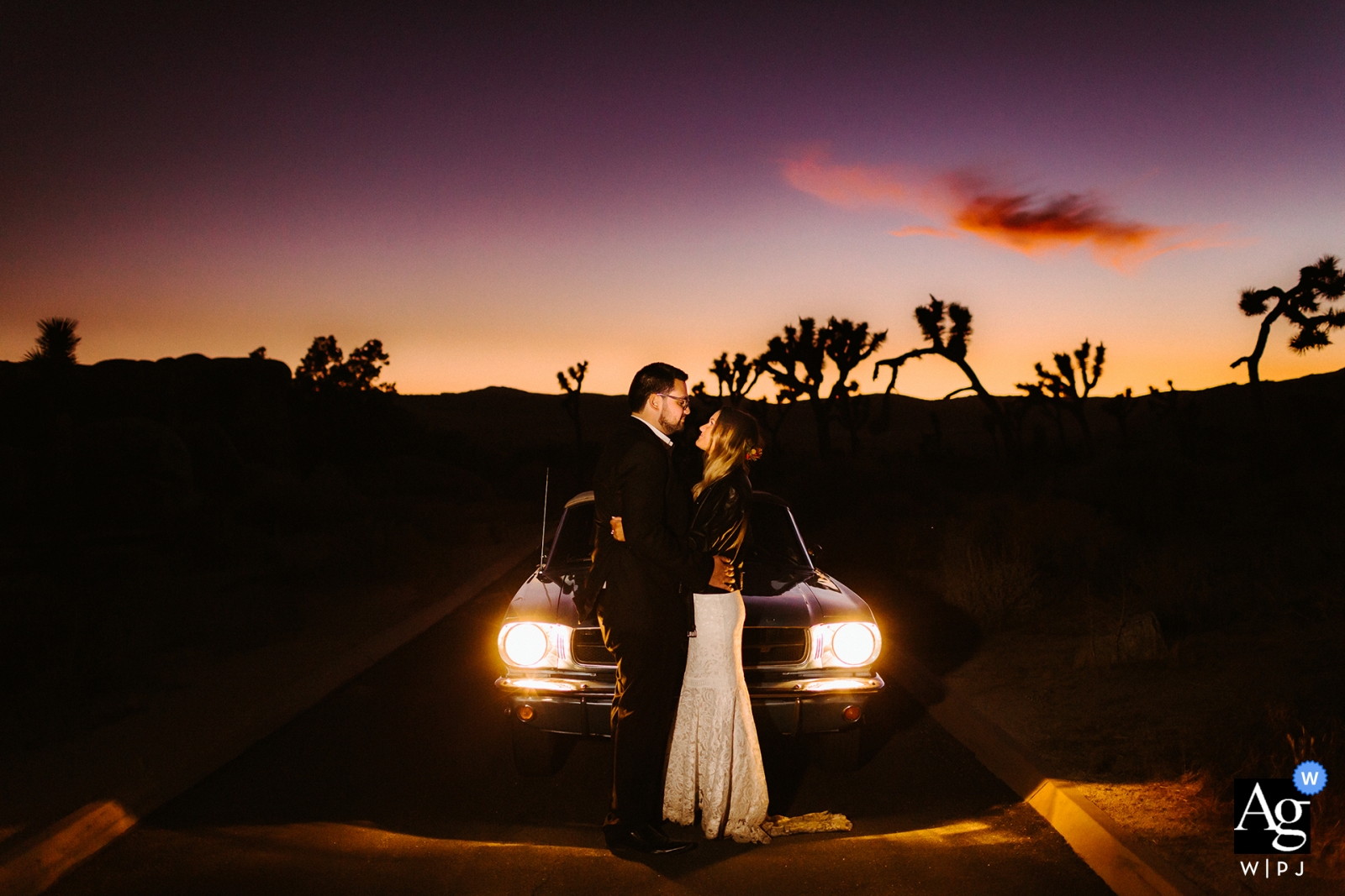 JOSHUA TREE, CA wedding picture | Sunset portrait with couple and their mustang JOSHUA TREE, CA weddings | Sunset portrait with couple and their mustang