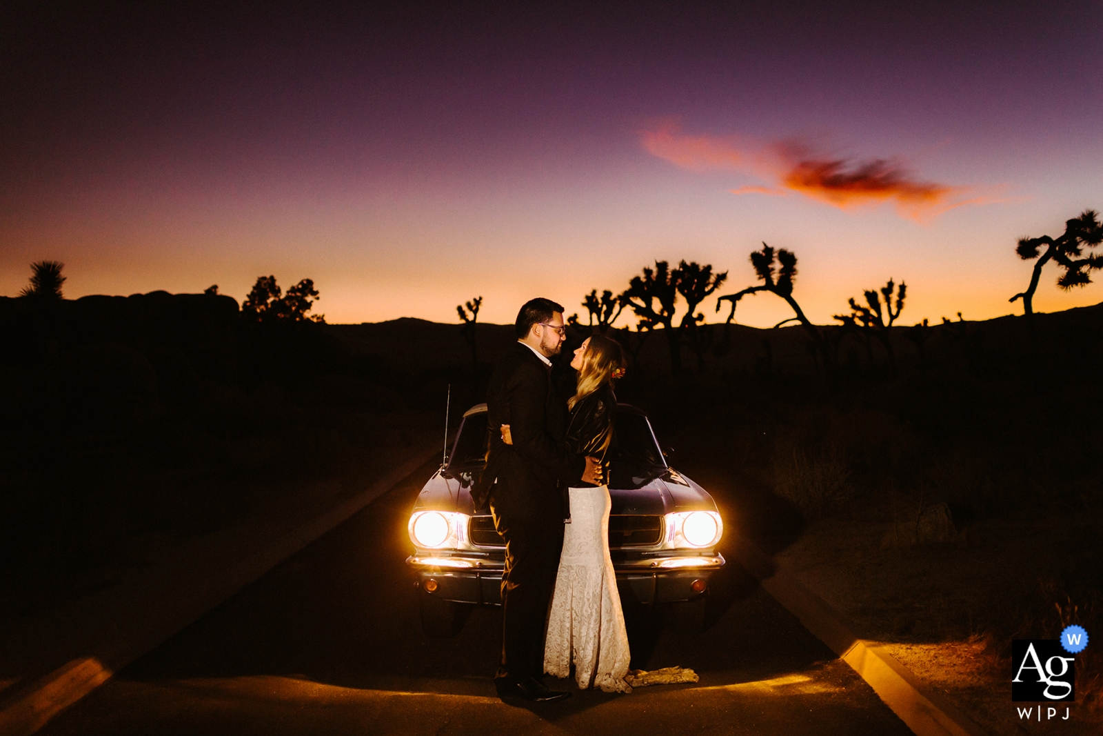 JOSHUA TREE, CA weddings | Sunset portrait with couple and their mustang 