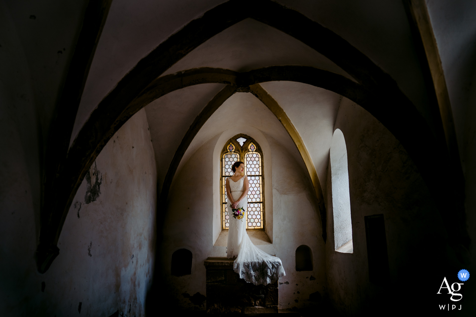 Novia Neckargemünd posando para un retrato de boda en interiores en Alemania