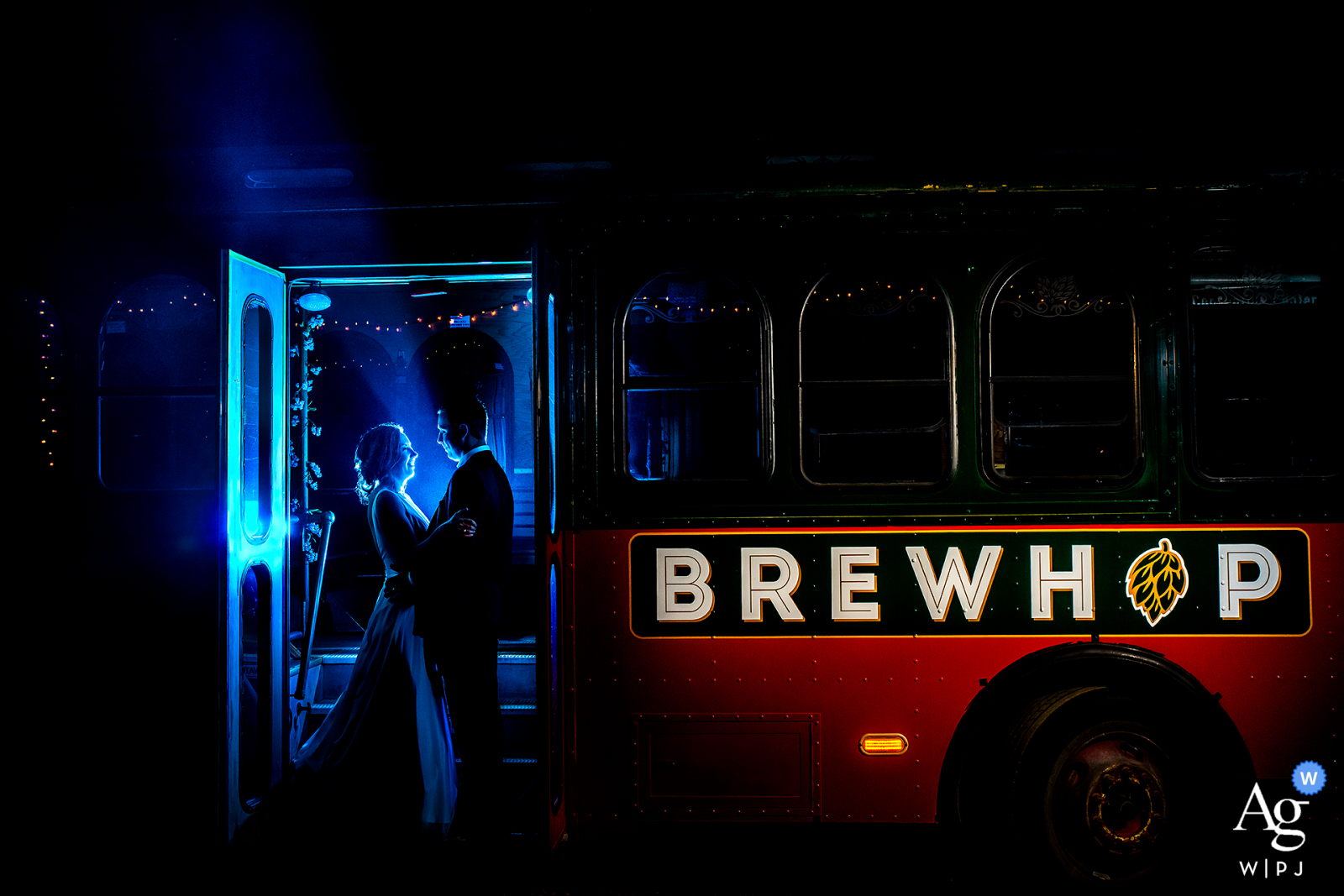 Bride and groom on a trolley at the Shupe Homestead in Hygiene, Colorado