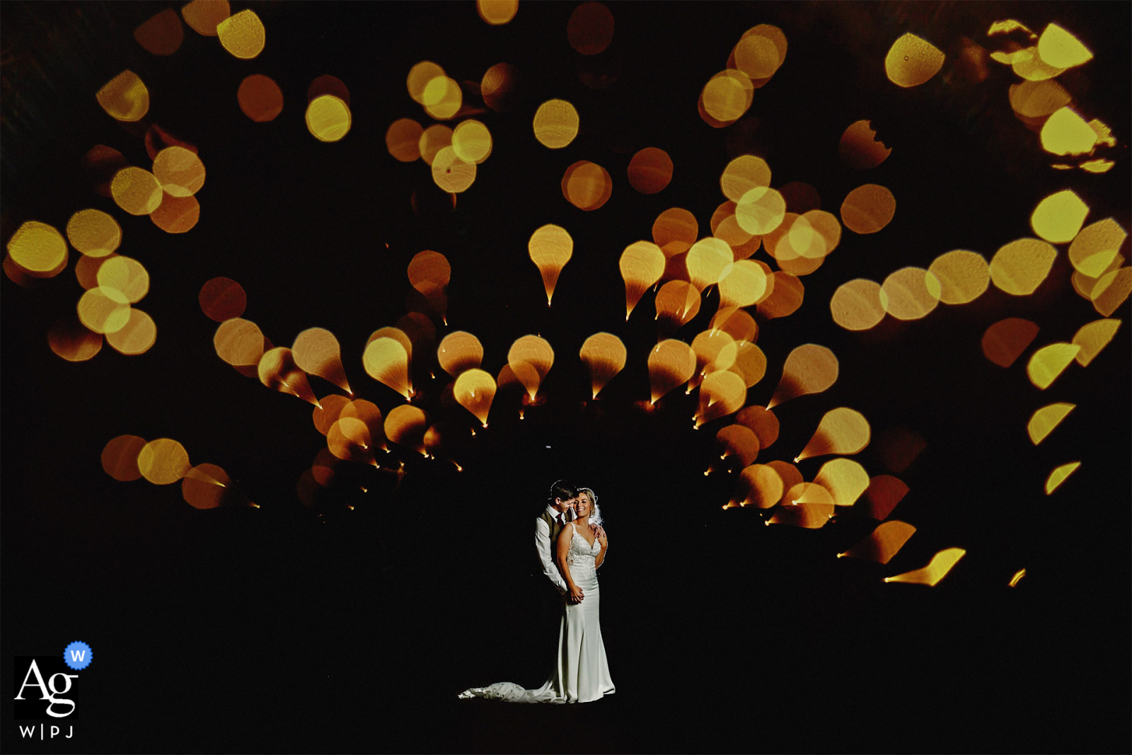 The Ashes Barns, Staffordshire, England wedding couple flash portrait with prism