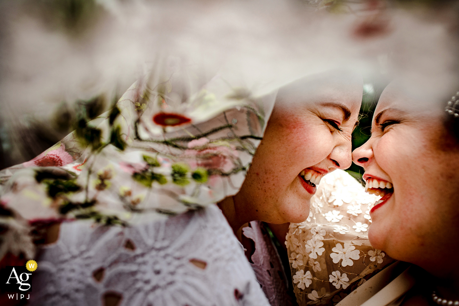 Brides laugh together under a veil before their backyard wedding ceremony in New Lenox, Illinois