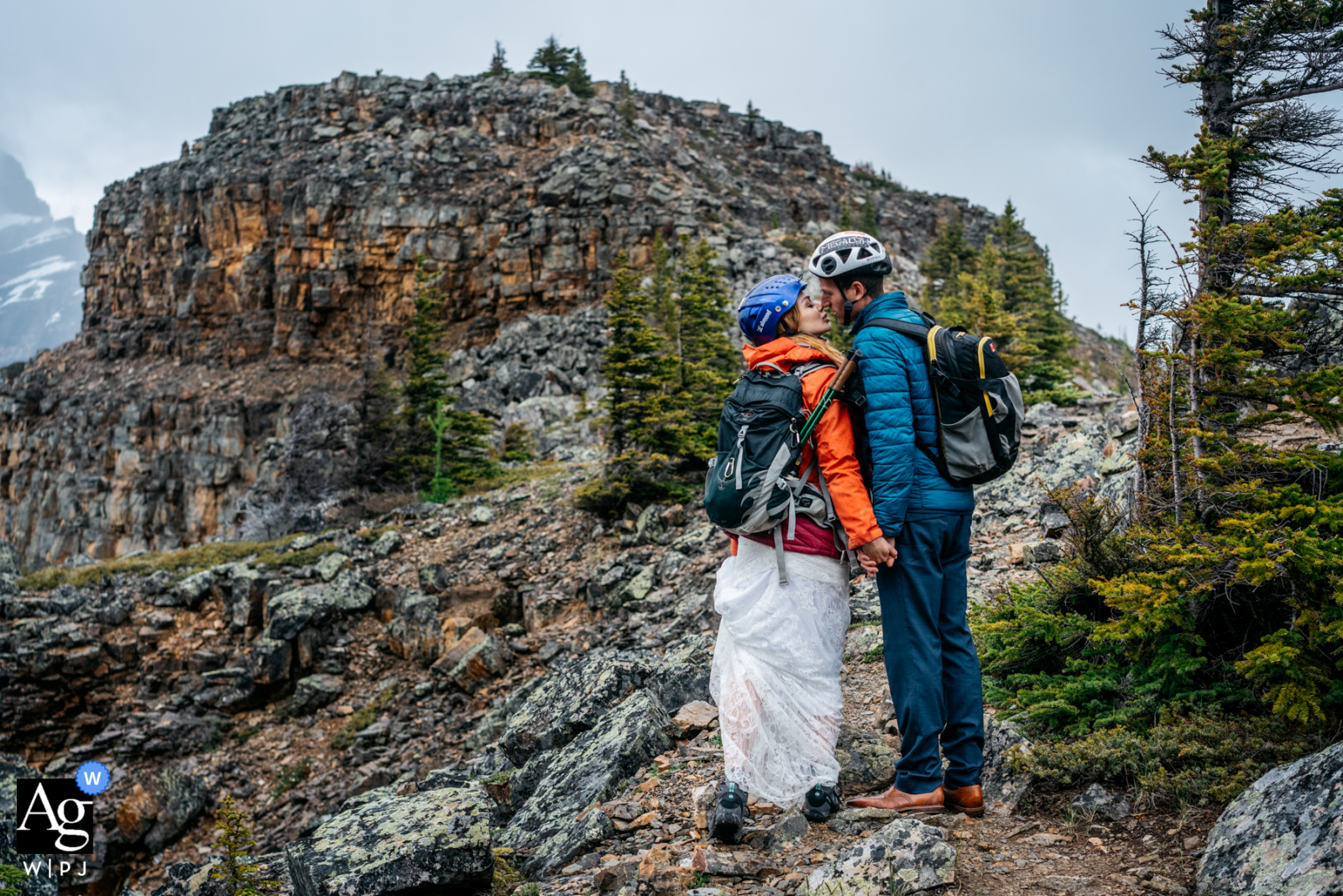 Tower of Babel, Banff National Park couple portrait as they hiked after their elopement to the top of the mountain