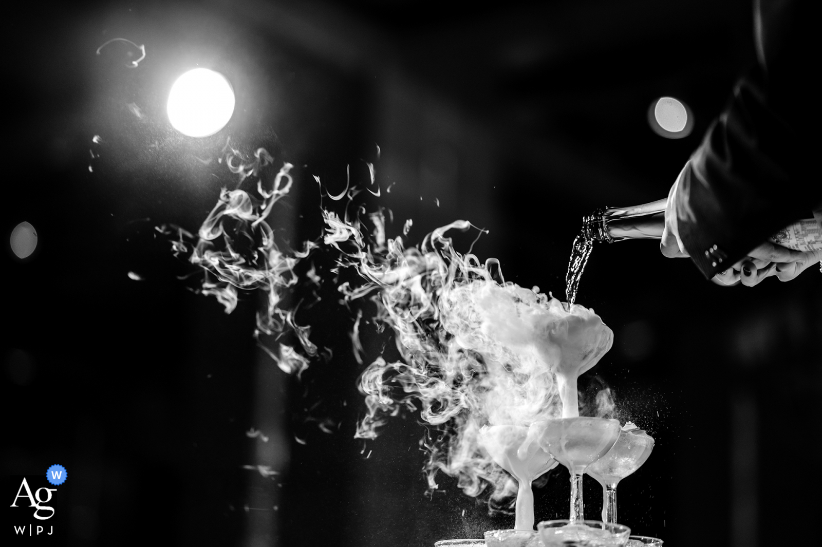 Taiwan Wedding banquet venue artistic photo showing The groom and the bride perform a champagne tower pouring ceremony