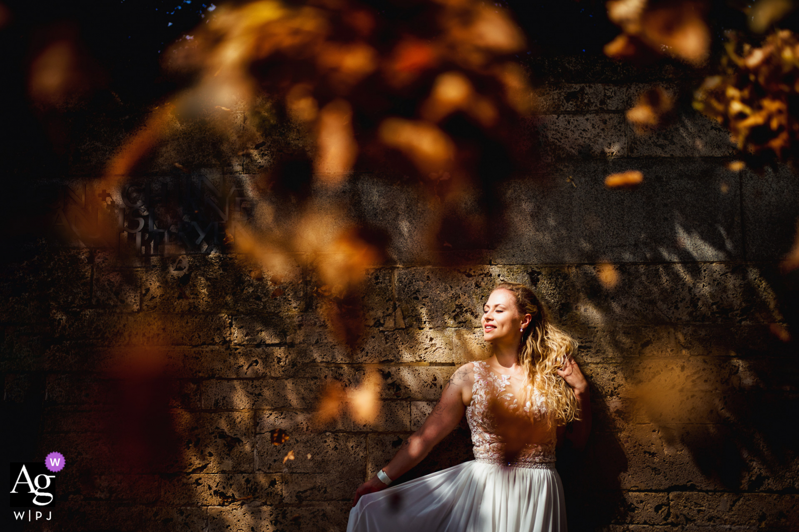 Photo de mariage artistique de Meersburg à l'automne de la mariée et des feuilles