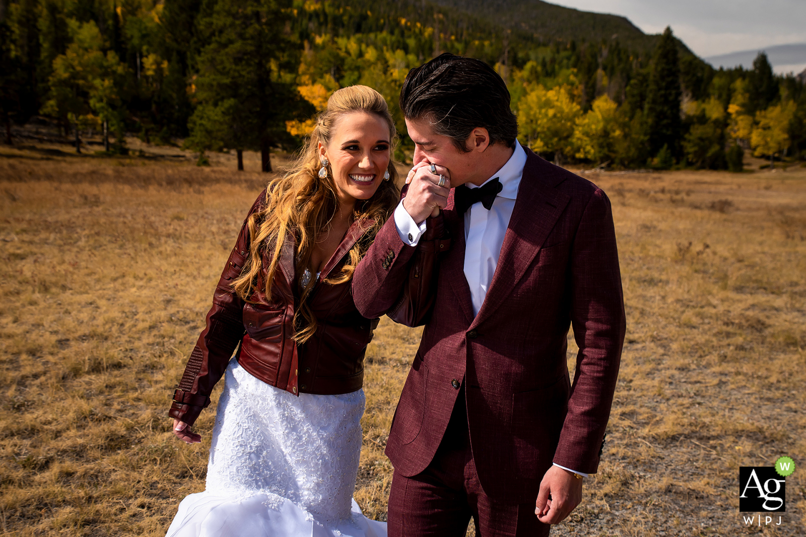 Parque Nacional de las Montañas Rocosas, Estes Park, CO sesión de retrato de boda de la novia y el novio mientras el novio besa la mano de su novia