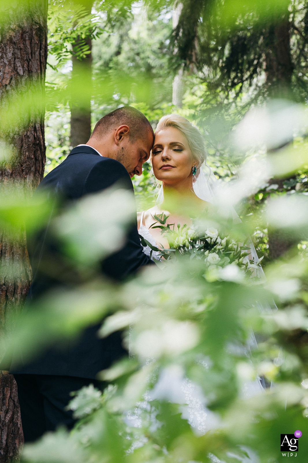 Banska Bystrica, Eslováquia, retrato de casamento de belas artes da noiva e do noivo em pé entre as árvores da floresta