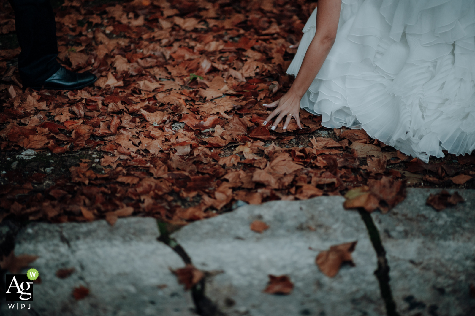 Image de détail de mariage créatif de Quinta dos Alfinetes, Sintra, Portugal de la mariée saisissant les feuilles d'un érable tombé avec l'arrivée de l'automne