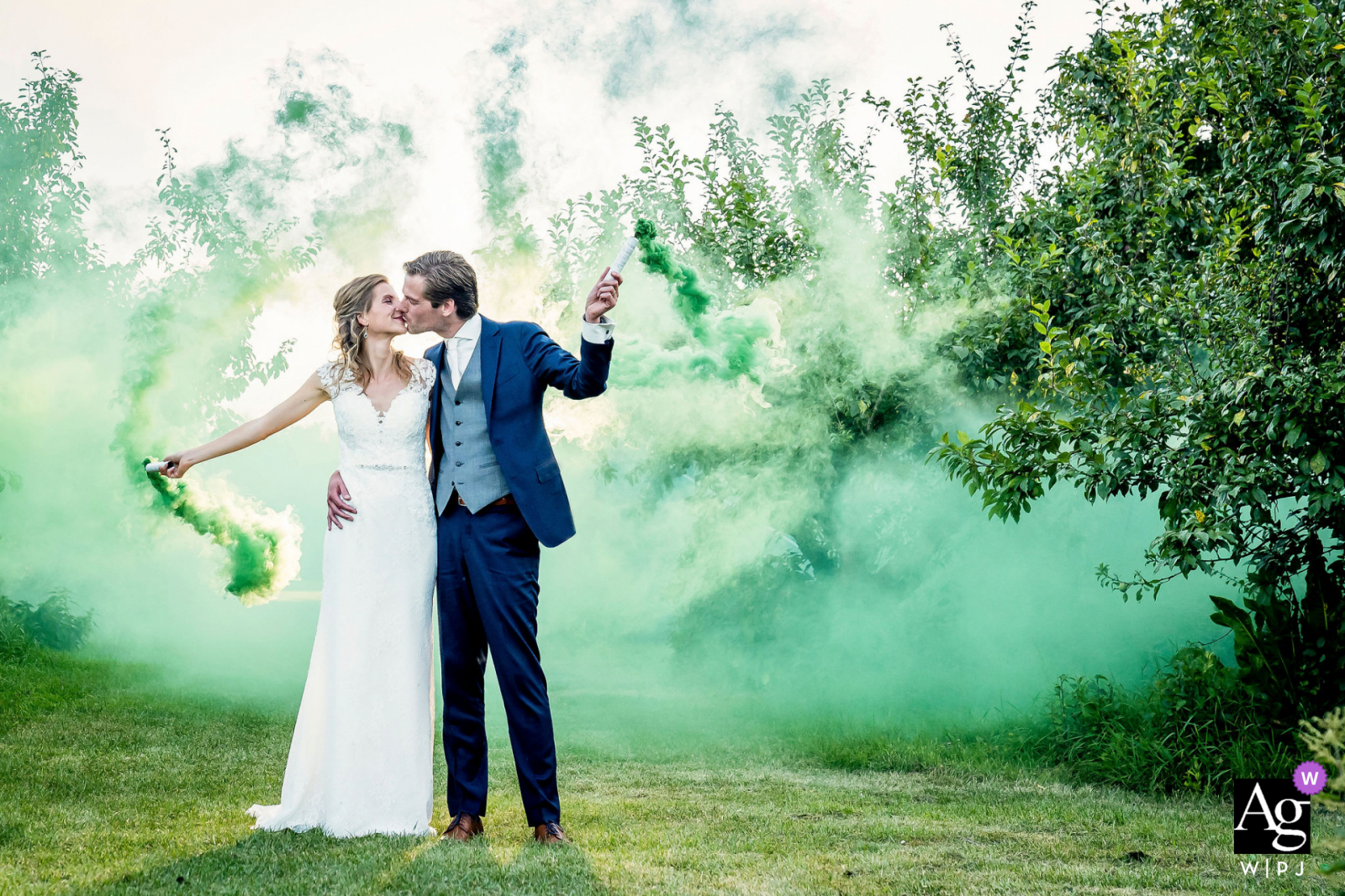 Gelderland, Netherlands creative couple wedding portrait special effects like green smoke