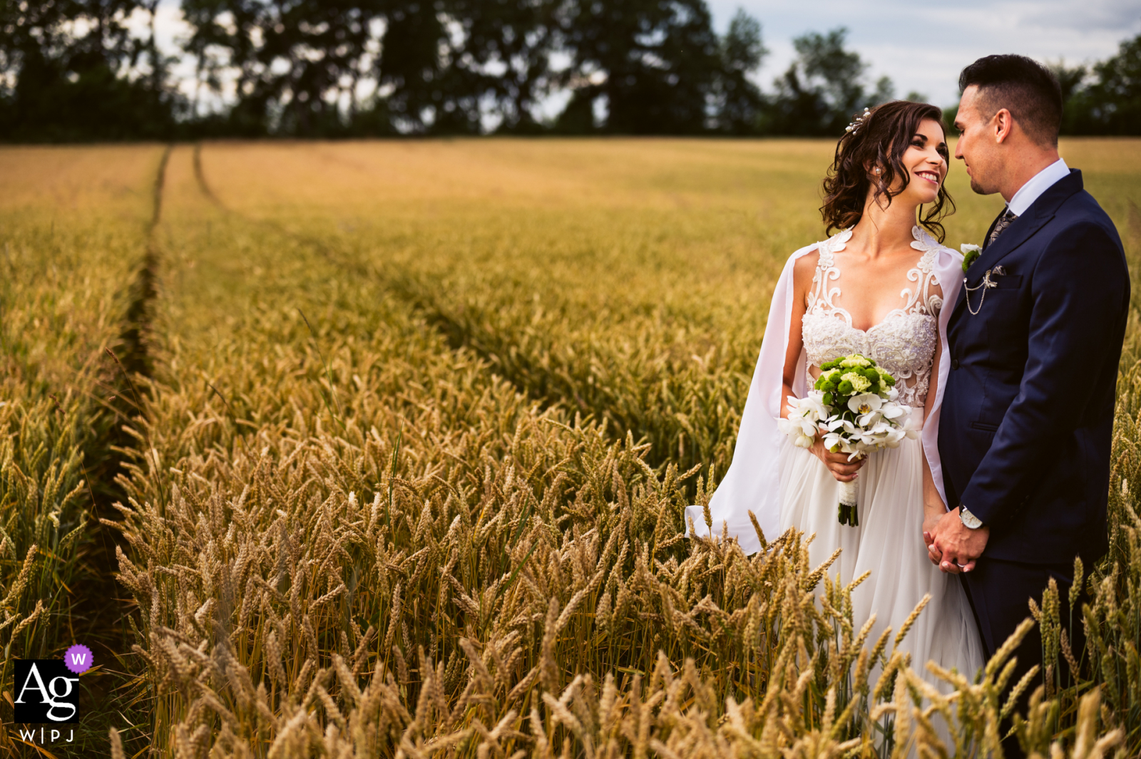 Banovci, Slovenia ritratto creativo di nozze in campo aperto dello sposo e della sposa in piedi sul campo di grano