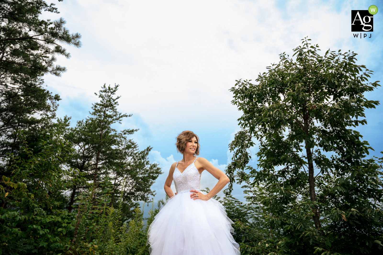 Uma excelente foto de casamento em Pigeon Forge desta noiva do Tennessee com as árvores e o céu ao fundo