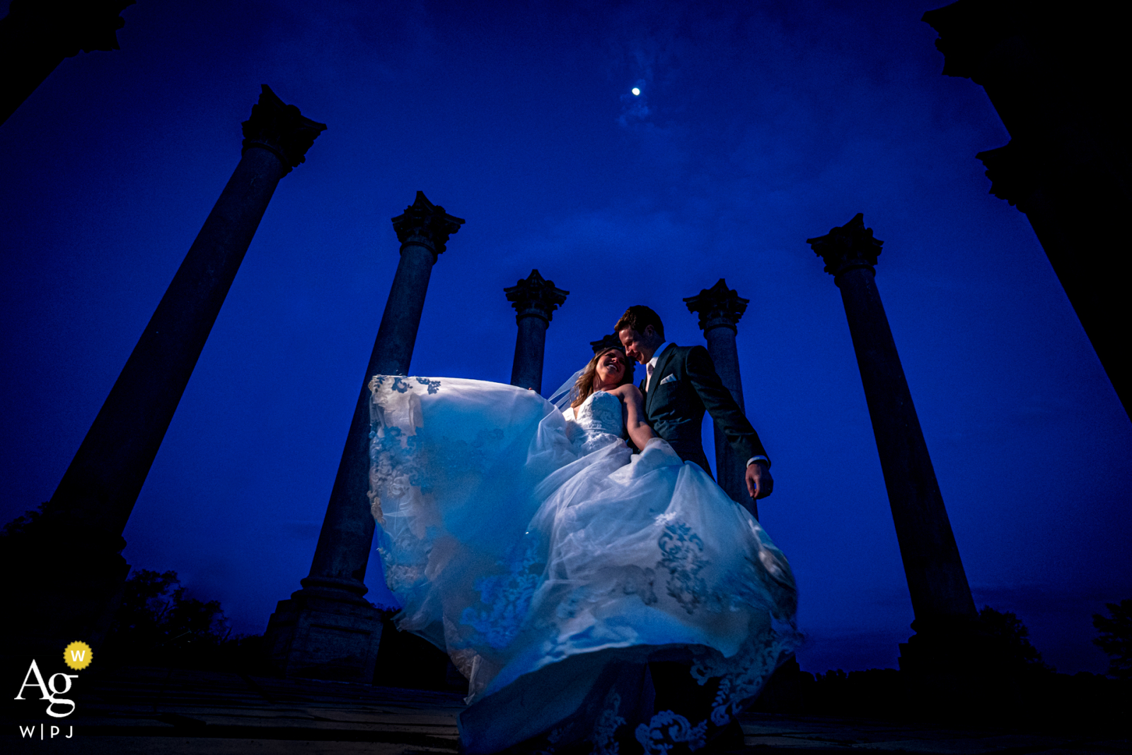 Um belo retrato de casamento de Washington DC nas colunas do Capitólio no Arboreto Nacional do casal dançando durante a hora azul