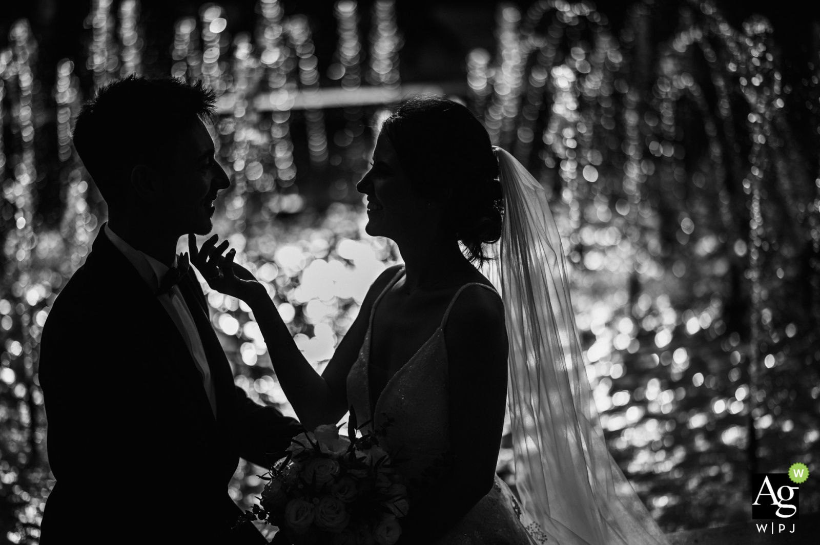 Sofia in Bulgaria is the backdrop for a couple portrait in black and white silhouette, with the bride gently touching the groom under his chin