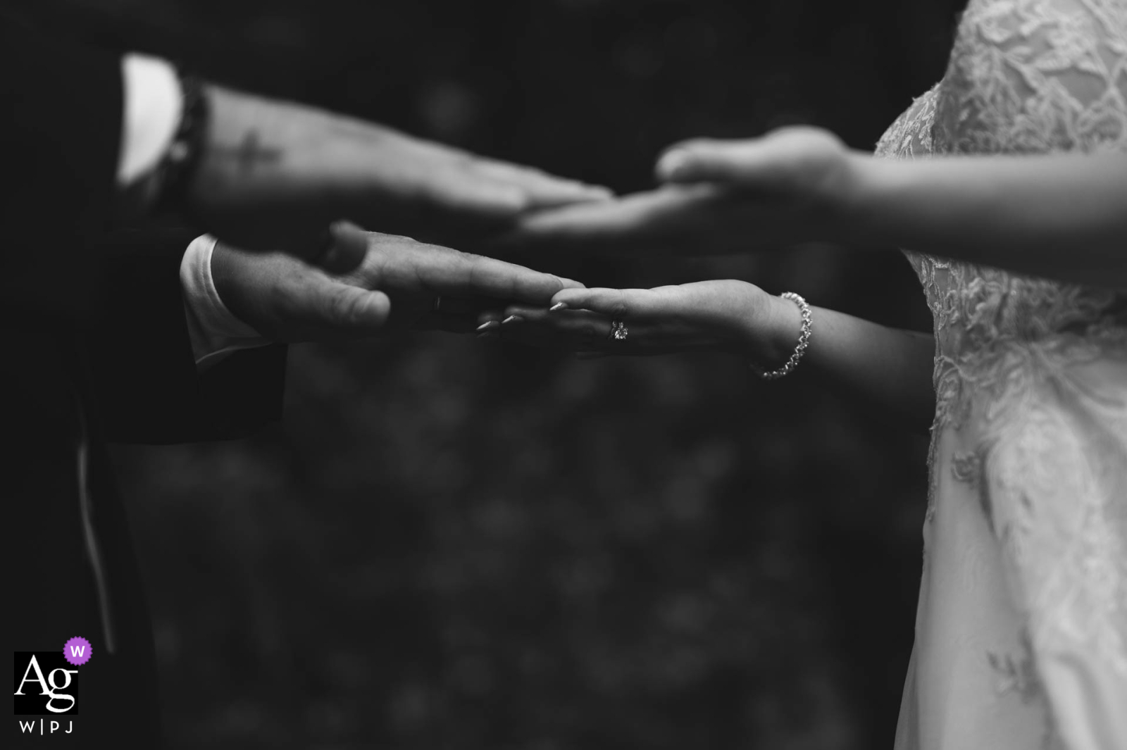 Black and white image captures the intricate detail of the bride and groom's hands and wedding rings at a reception venue in Veneto