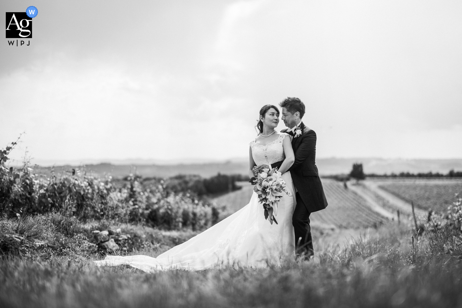 A black and white portrait taken in the vineyards of Borgo San Felice, Siena