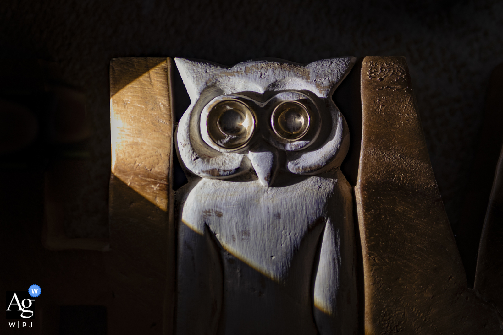 An artistic photograph captures the bride and groom's wedding rings resting perfectly on the wooden eyes of a decorative owl at the Mersin Divan Hotel.
