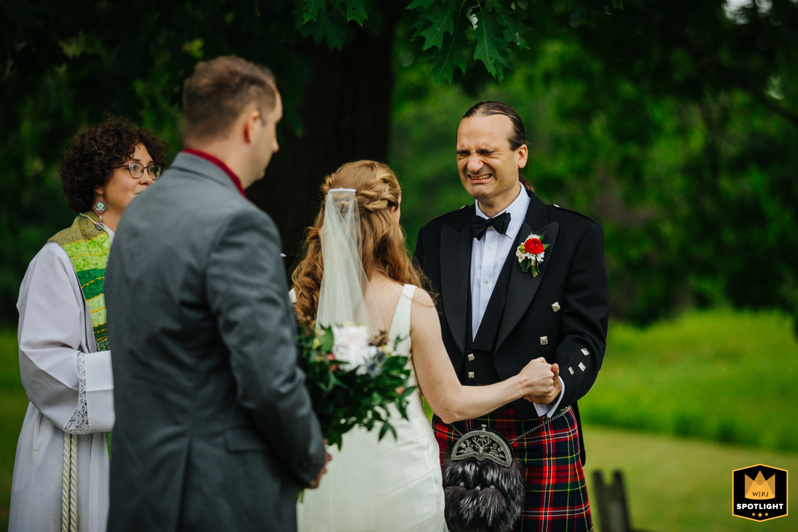 Emotional Vows: A Groom's Tearful Promise in Upstate New York A touching moment captured in this photo of a groom shedding tears during his vows in the serene outdoors of Upstate New York, earning it a well-deserved WPJA Spotlight award.