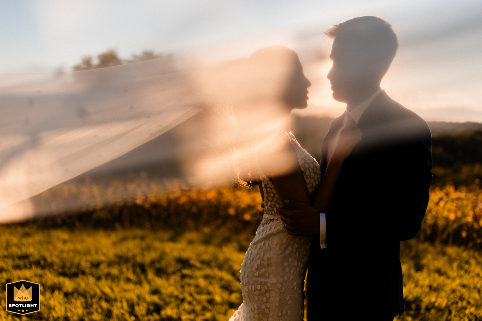 In La Castella, Piemonte, Italy, a couple poses in a field at sunset. A blurred frame partially obscures their faces as they share a look, her veil caught by the wind.