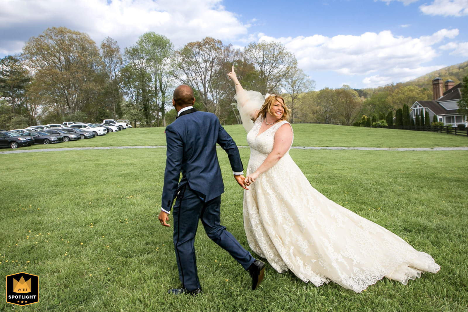 Newlyweds Embark On A Joyful Journey From Their Charming Blue Ridge Wedding Ceremony Couple leaving their wedding ceremony at Aska Farms in Blue Ridge, Georgia.