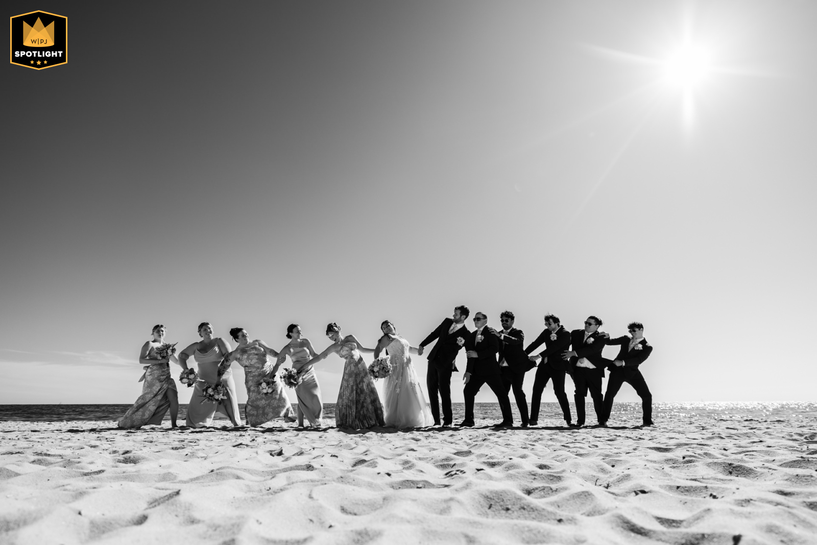 Bridal party gathered in a harmonious formation at Bank Street Beach in Harwich, MA, illuminated by natural light and surrounded by the ocean and sand, highlighting their joyful bonds and shared celebration.