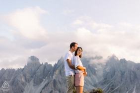Dolomites, Italy engagement portraits with a couple Sunset shot in the Italian mountains
