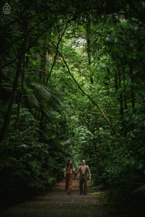 An adventurous couple is seen walking together among giant jungle trees in Wanaka, New Zealand, during a unique engagement session that highlights the towering and impressive scale of nature.