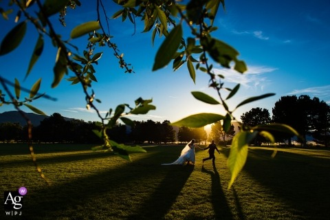 Bentley Science Park, Gardnerville, Nevada wedding photograph of the Bride and Groom running through the sunlight
