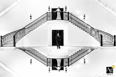 Yonah Mountain Vineyards, Cleveland, Georgia Staircase portrait of the bride and groom in black and white