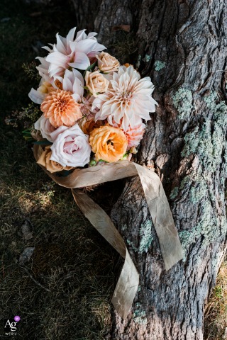 Great Sacandaga Lake in Northville, New York fine art wedding detail pic of A beautiful bouquet laid against grass and a tree root, it's ribbons draping over the root