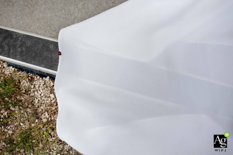 In Domène, France, a ladybug lands gently on the bride’s wedding dress, adding a charming and symbolic detail to her bridal ensemble.